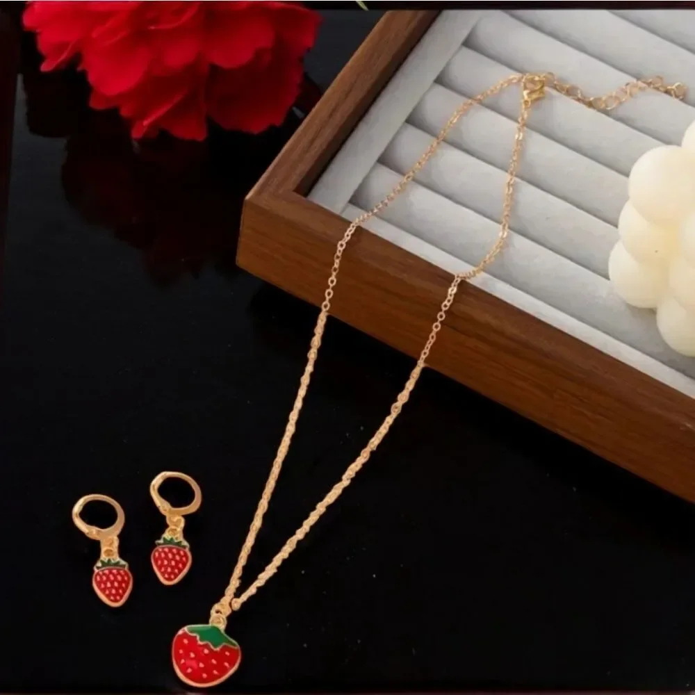 Girls Red Seeded Strawberry Jewelry Set Necklace Pierced Earrings Leverback Hoop